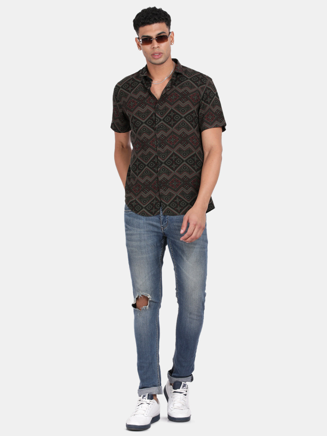 Men Dark green Slim Fit Spread Collar Half Sleeve Casual Shirt