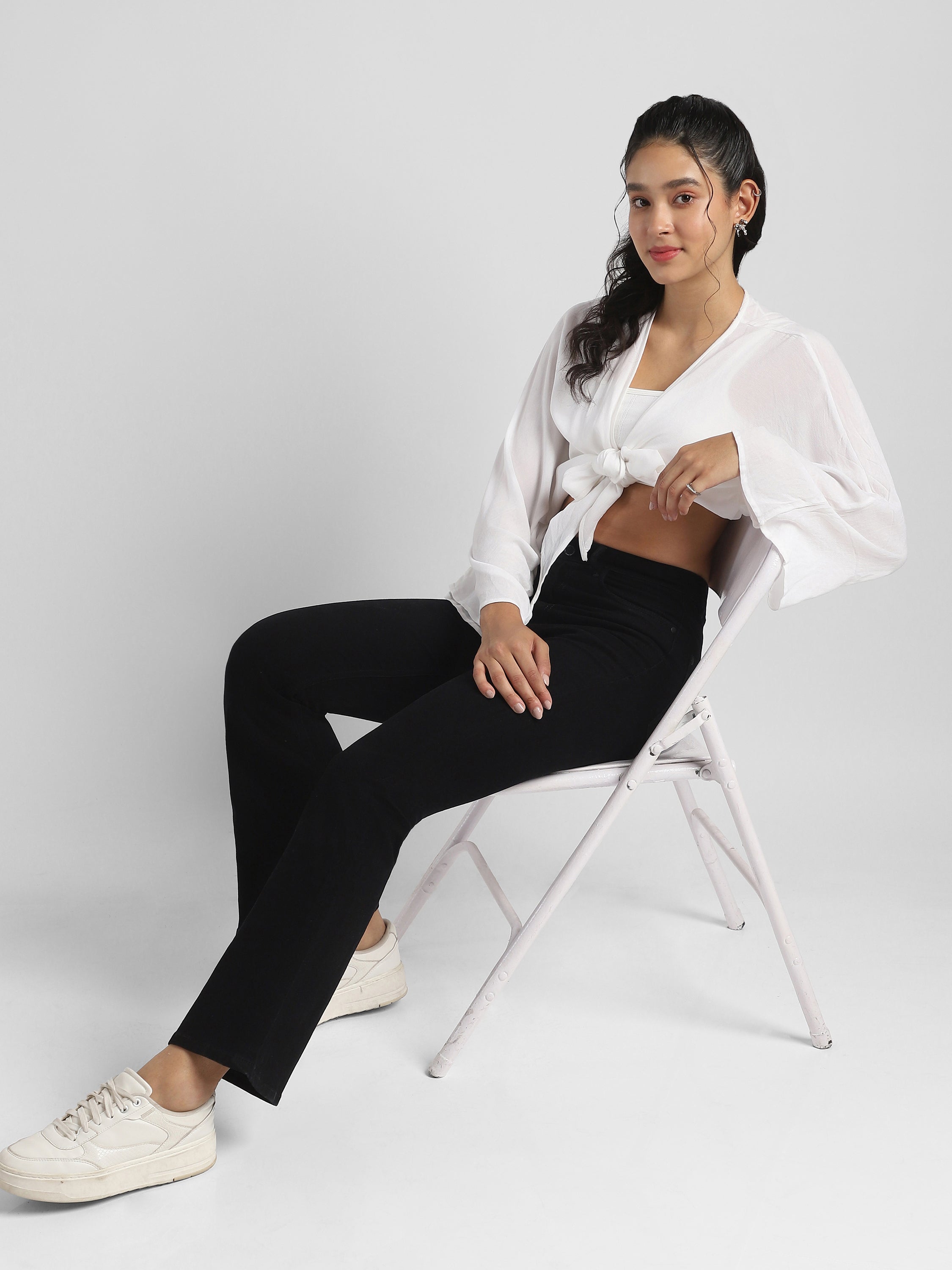 Women White Front Tie Crop Top