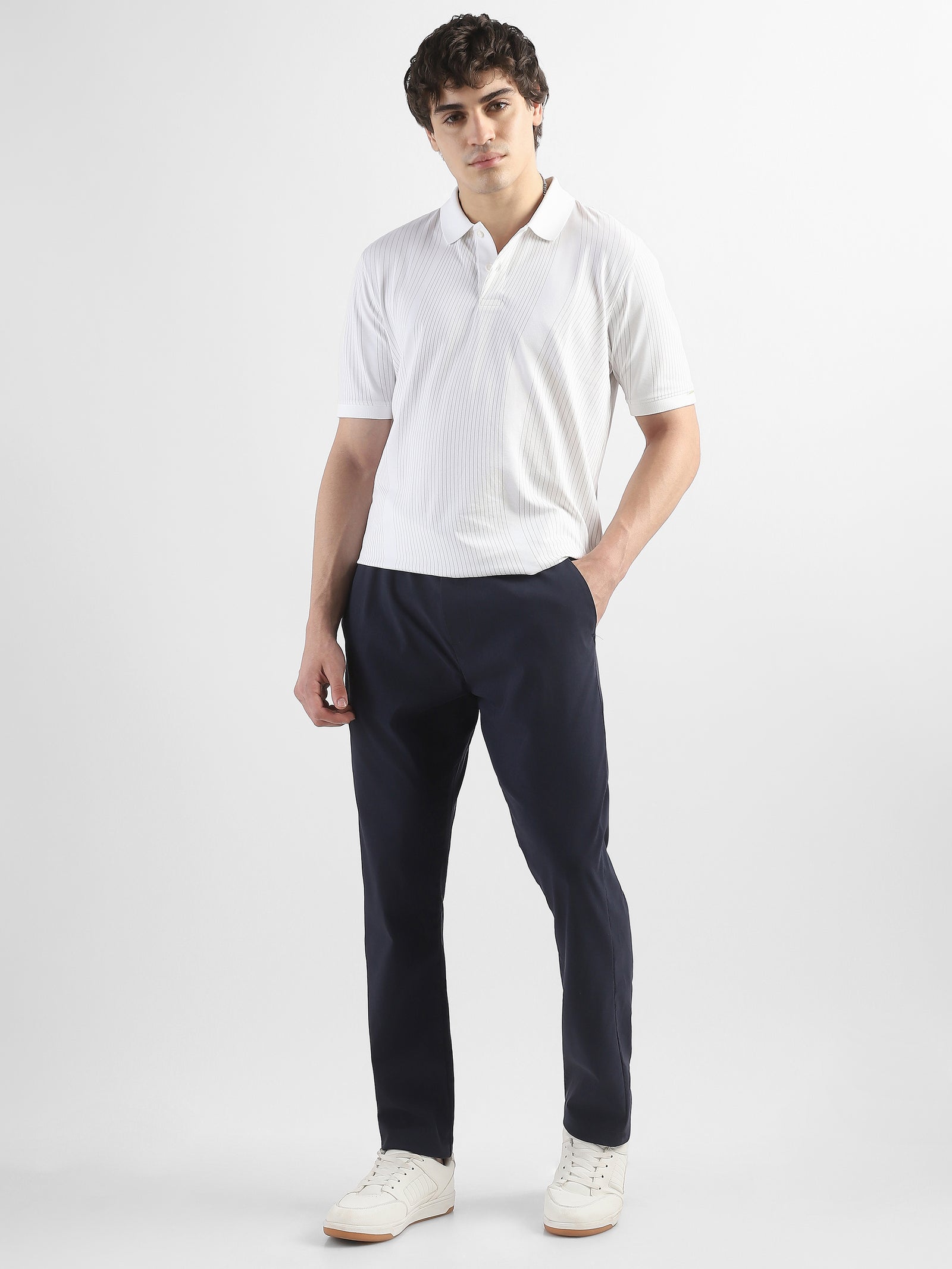 Men Navy Polyester Blend Pants