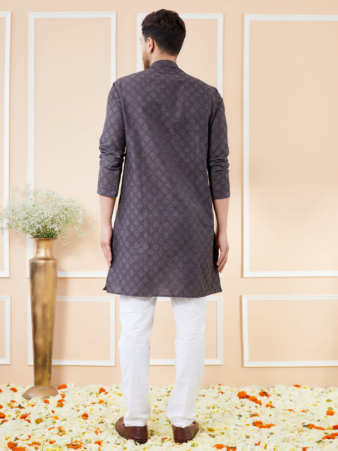 Men Black Ethnic Motifs Silk Jacquard Woven Design Straight Kurta