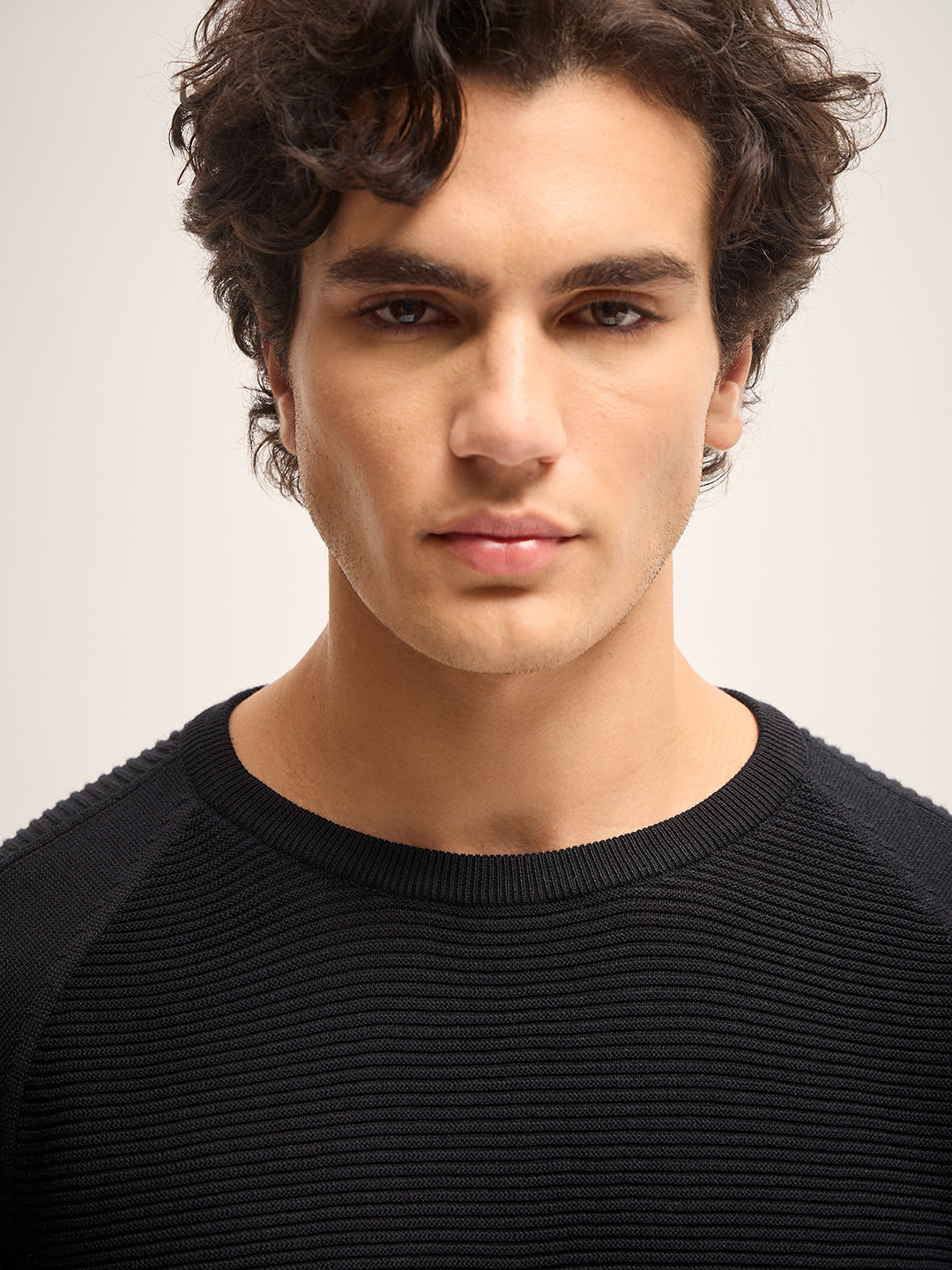 Men Black Self Design Regular Fit Crew Neck T-Shirt
