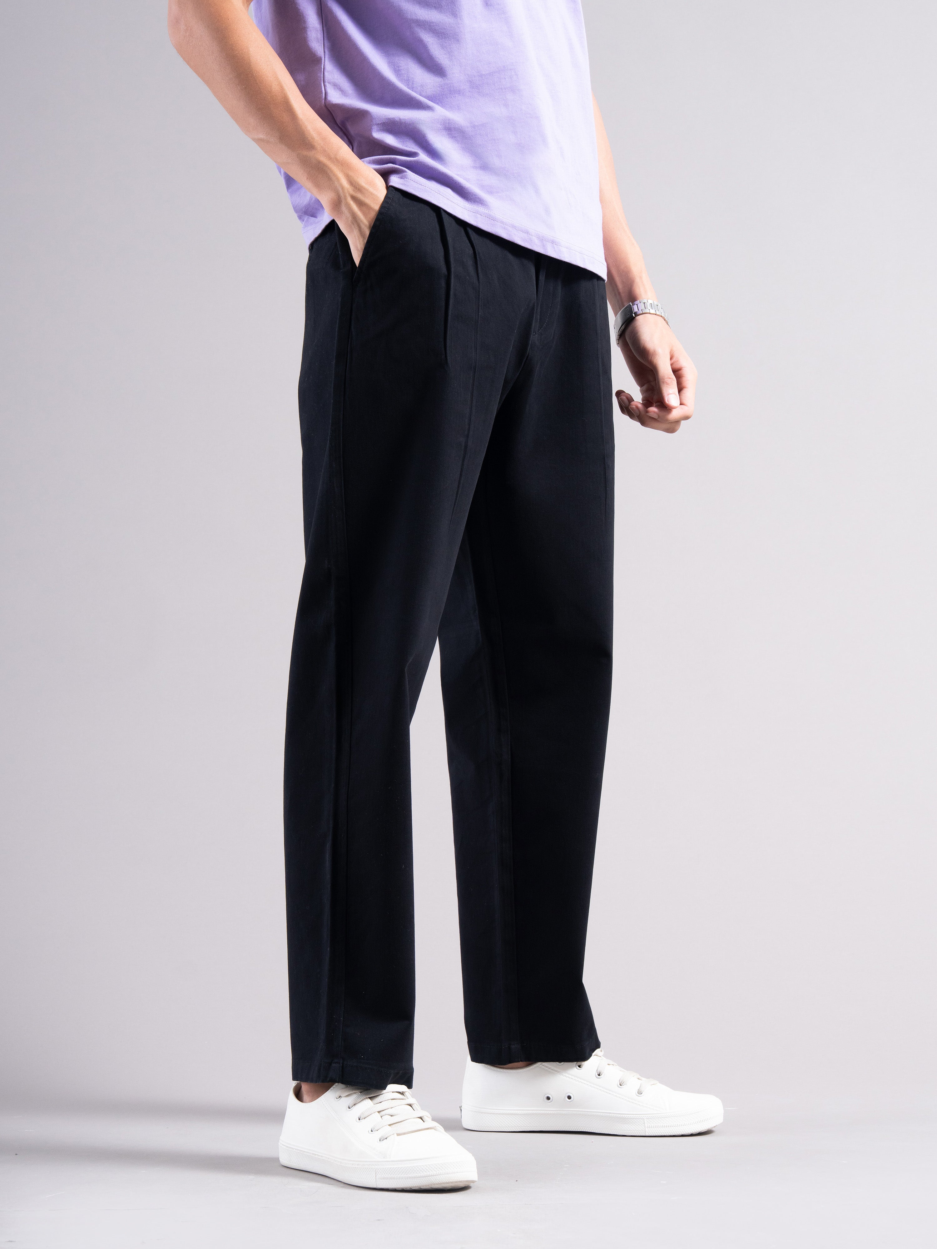 Men Black Elastic Waist Trousers
