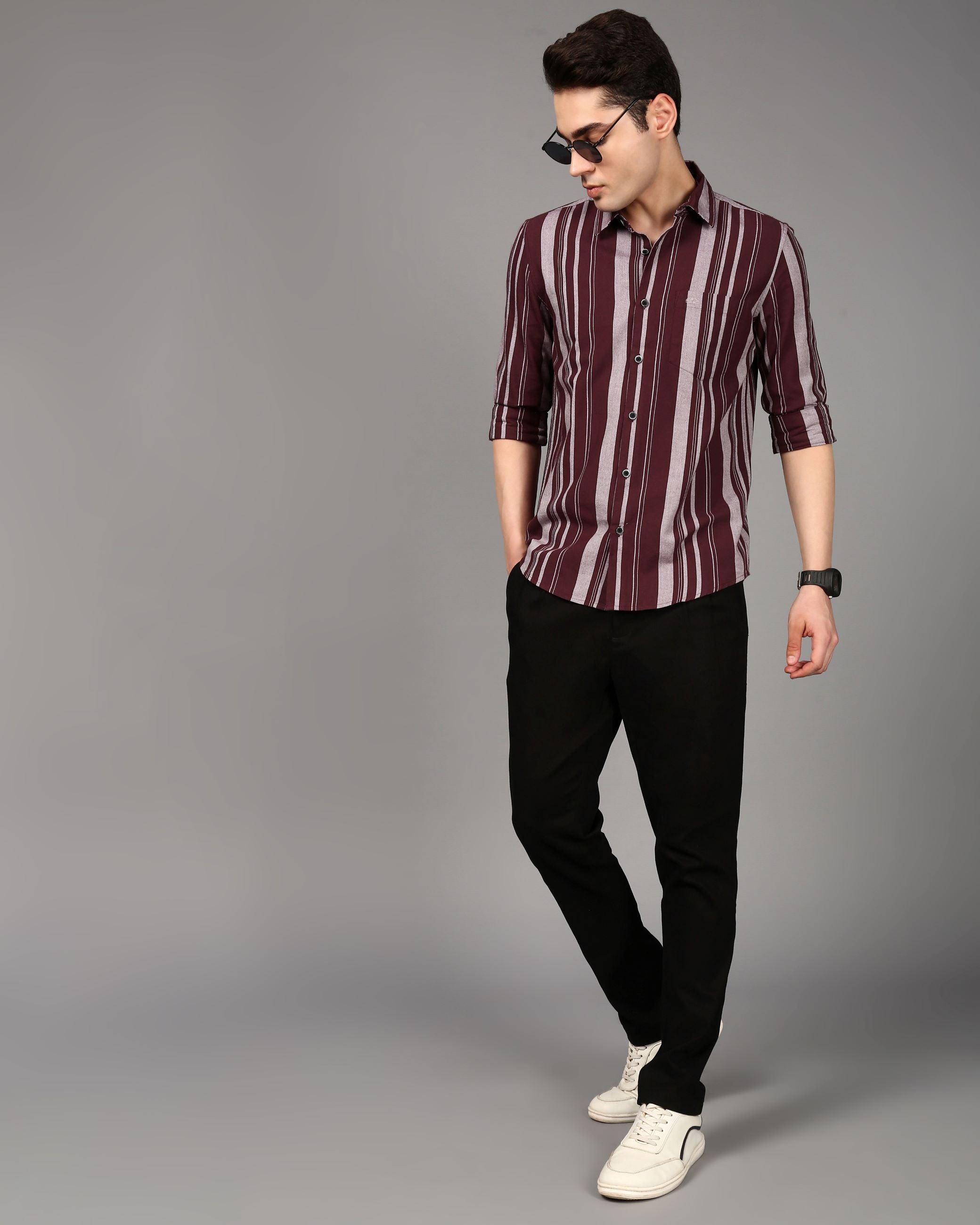 Men Burgundy Striped Shirt