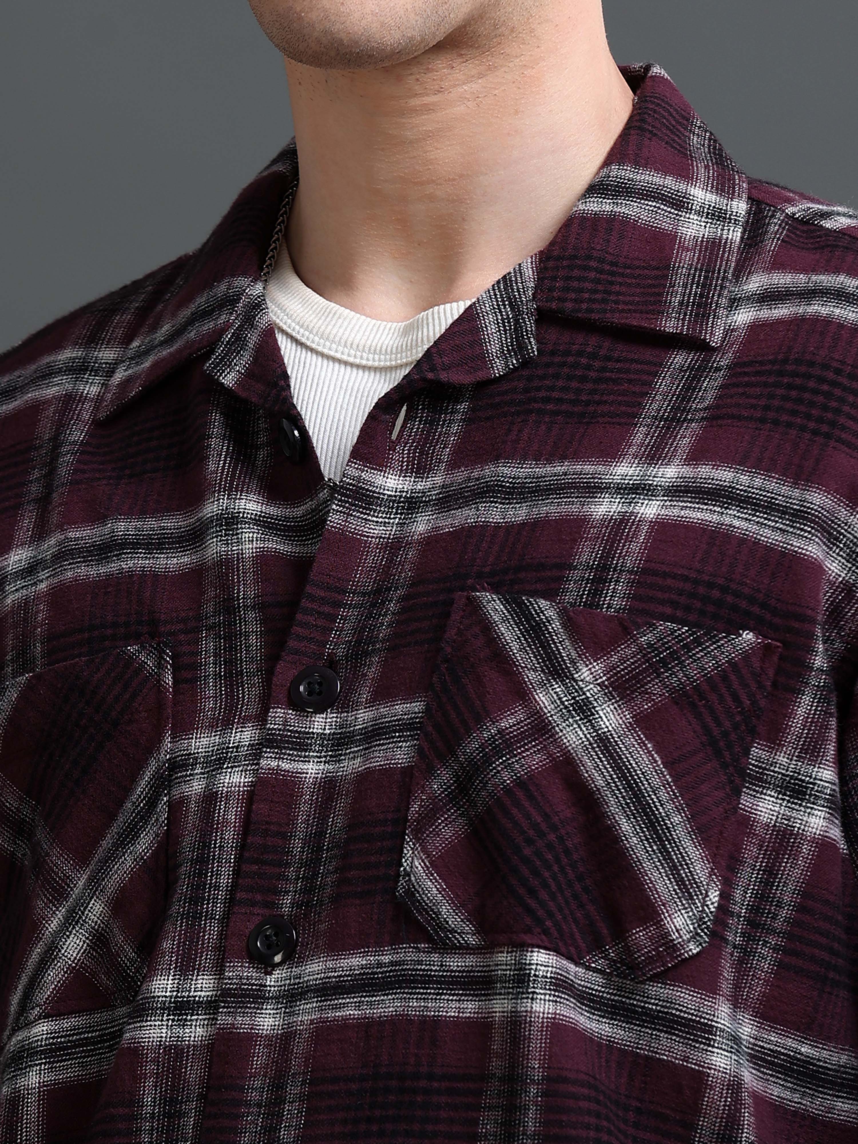 Men Burgundy Flannel Checked Shirt