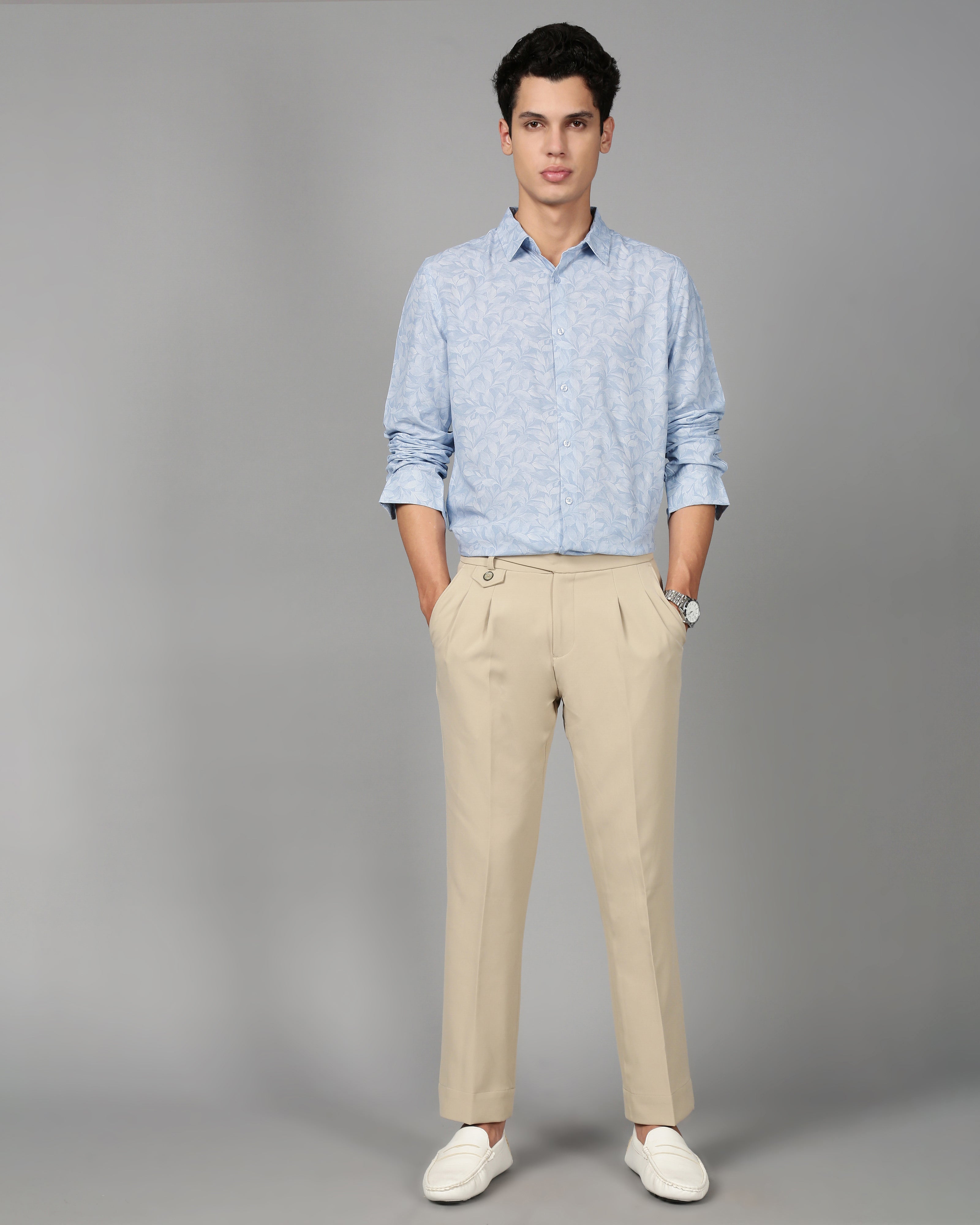 Men Blue Leaf Print Shirt