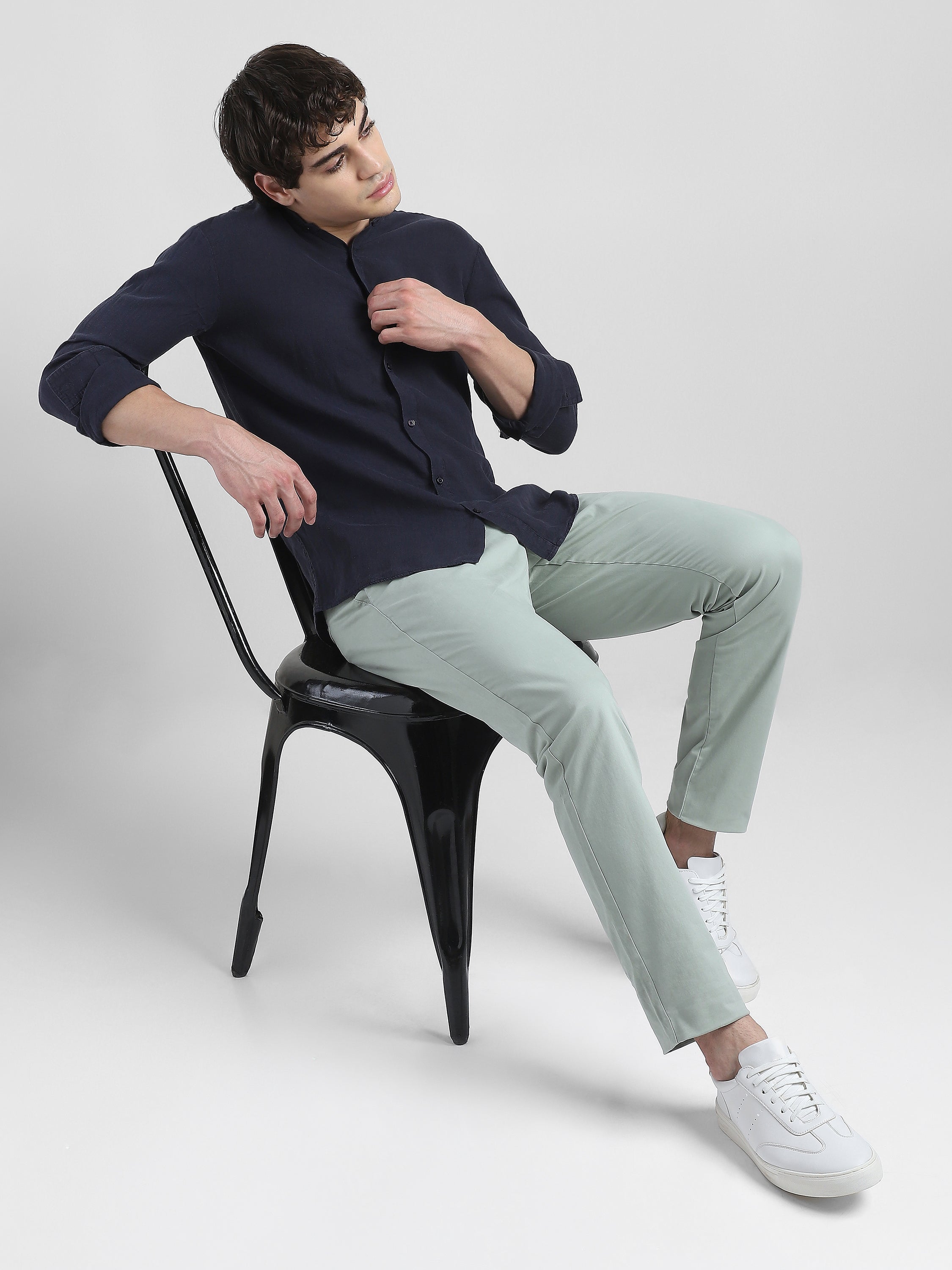 Men 100% Linen Navy Regular Fit  Shirt