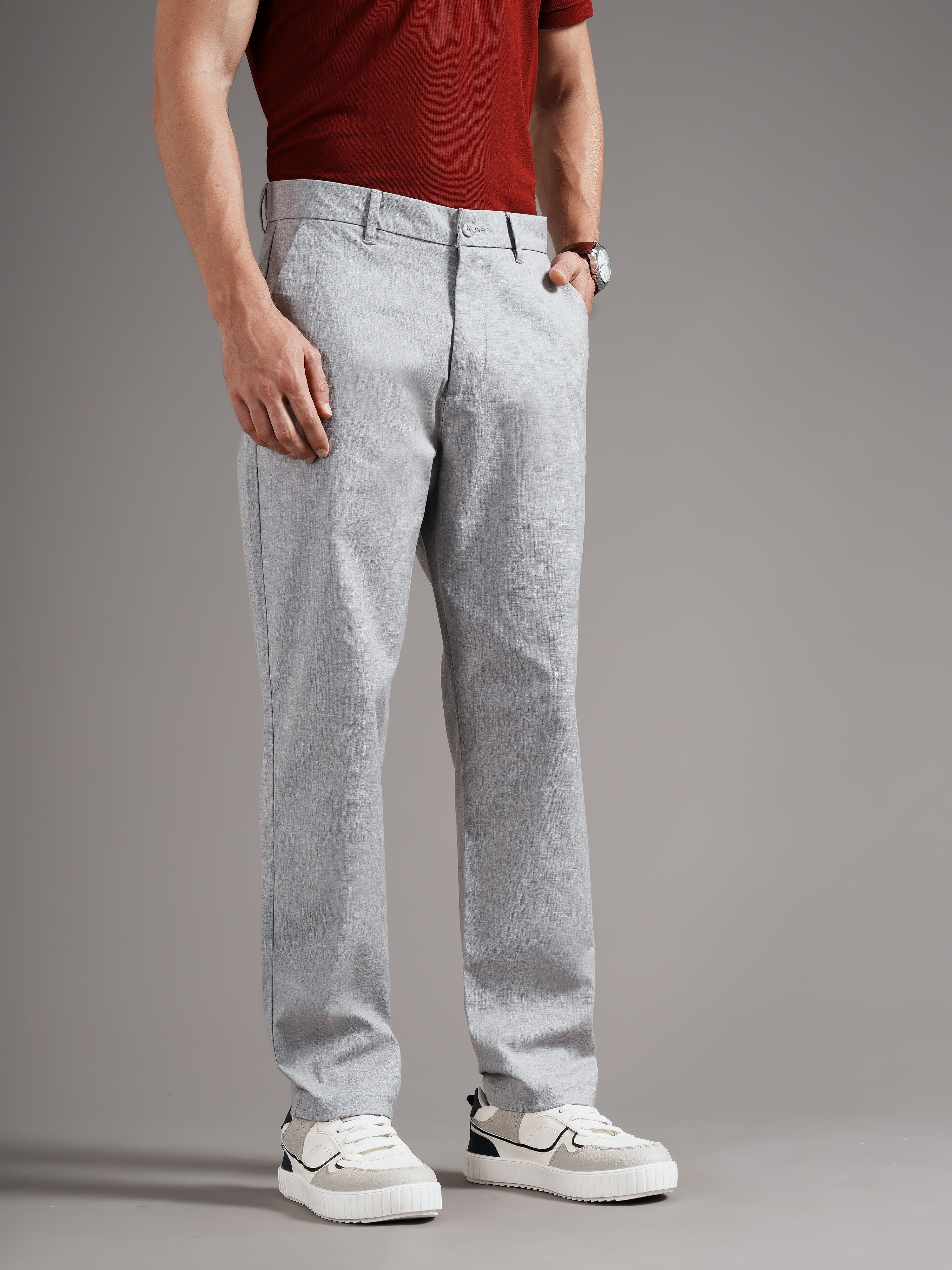 Men Grey Straight Fit Trousers
