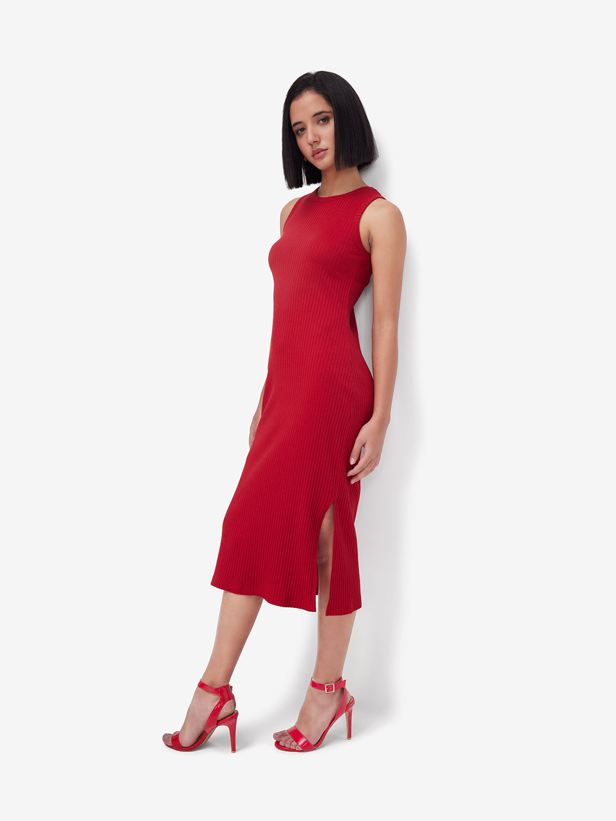 Women Red Ribbed Side Slit Midi Dress