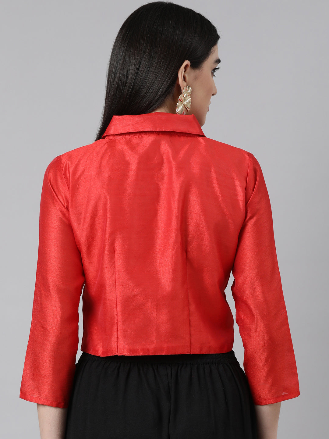 Red Solid Three-Quarter Sleeves Mandarin Collar Dupion Silk Knot Blouse