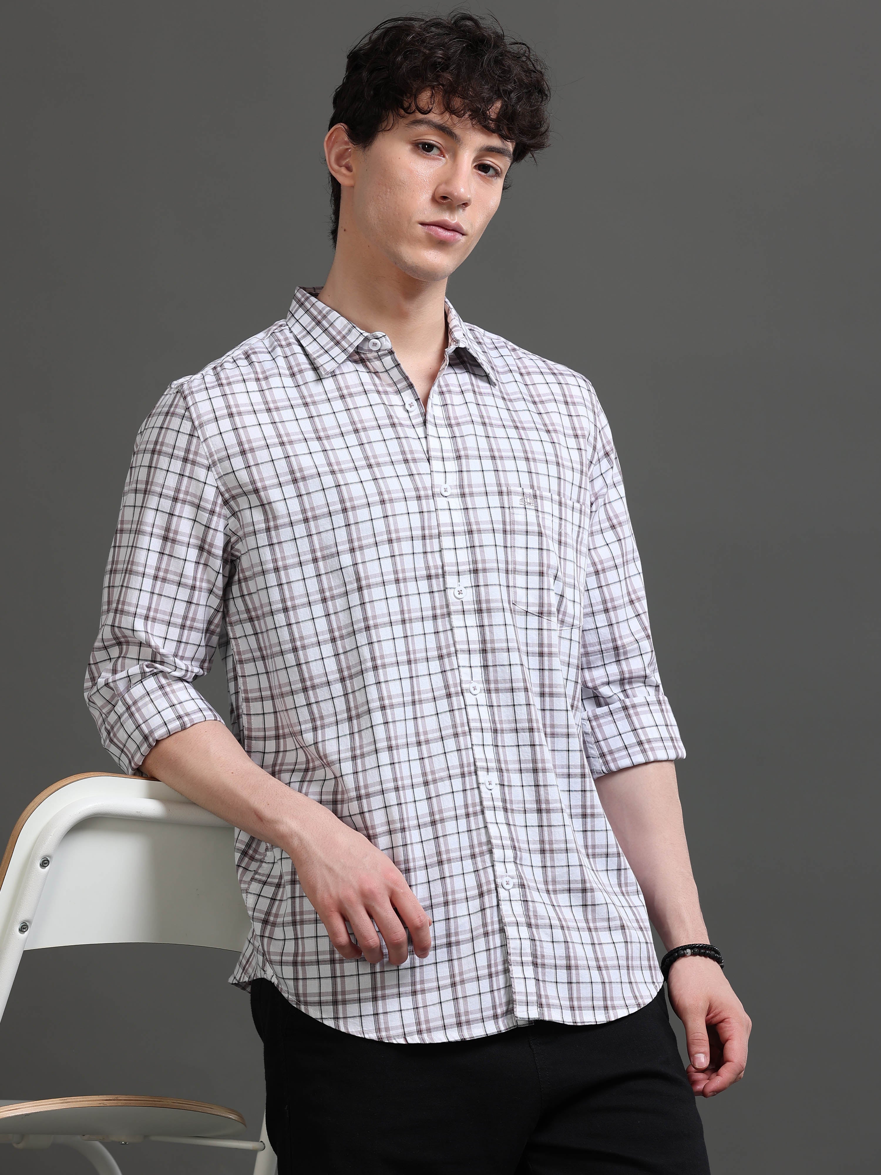 Men White Checked Shirt