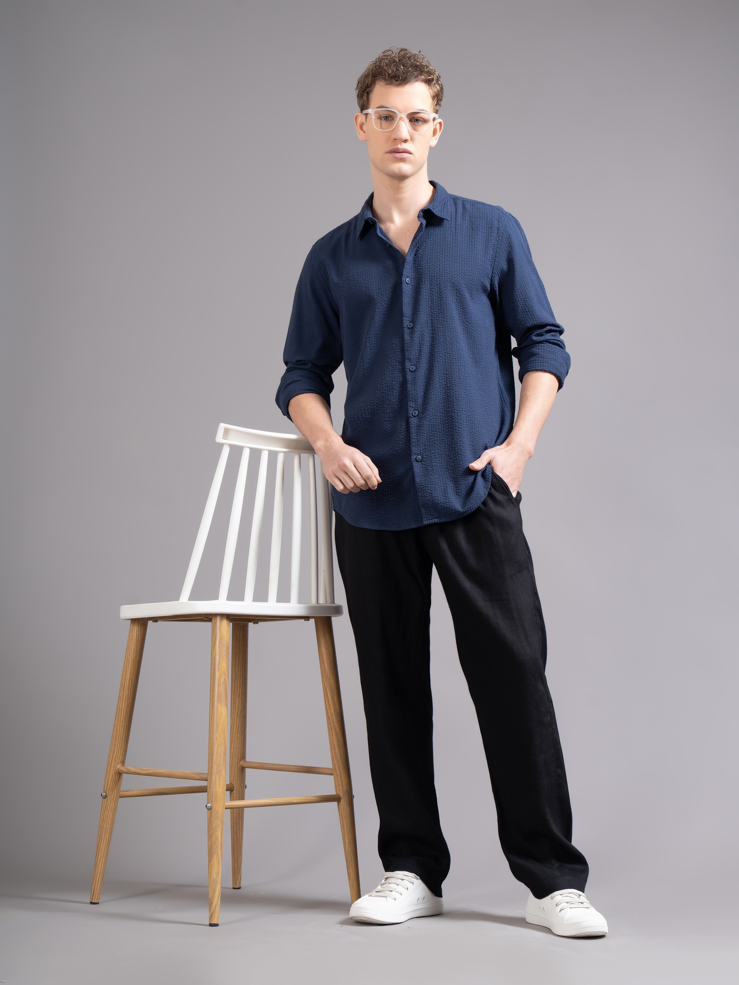 Men Navy Blue Cotton Shirt