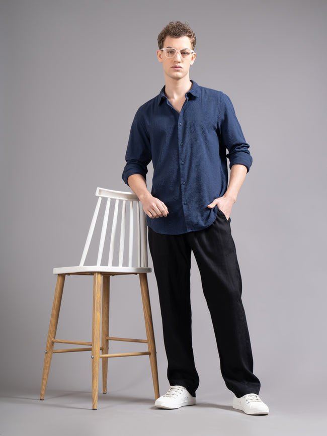 Men Navy Blue Cotton Shirt