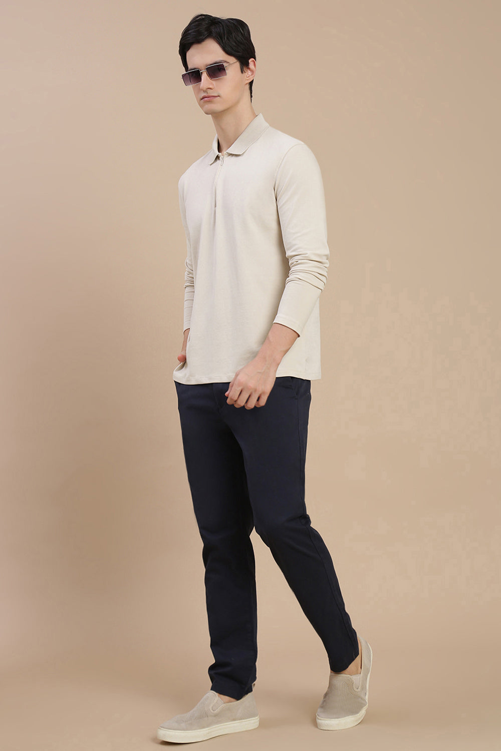 Men Beige Bonded Zipper Polo T-Shirt