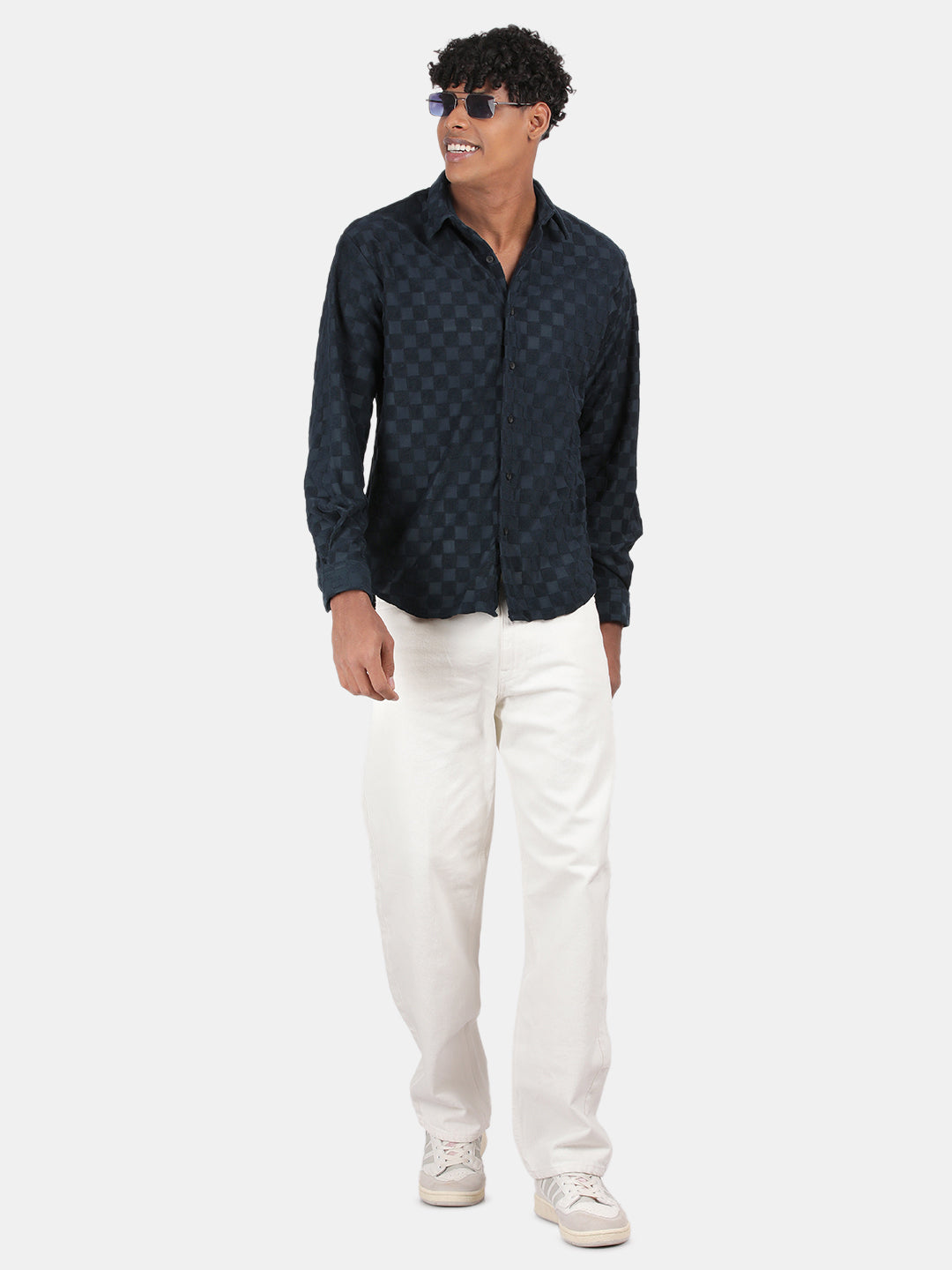 Men Navy Slim Fit Spread Collar Full Sleeve Casual Shirt