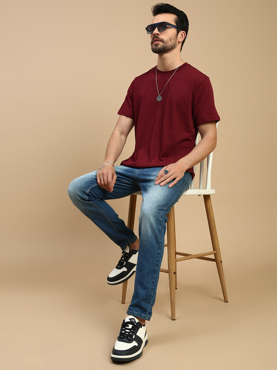 Men Burgundy V Neck T-Shirt