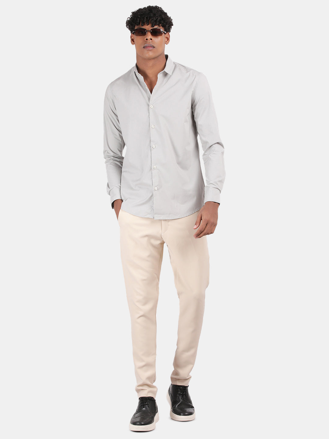 Men Silver Slim Fit Spread Collar Full Sleeve Casual Shirt
