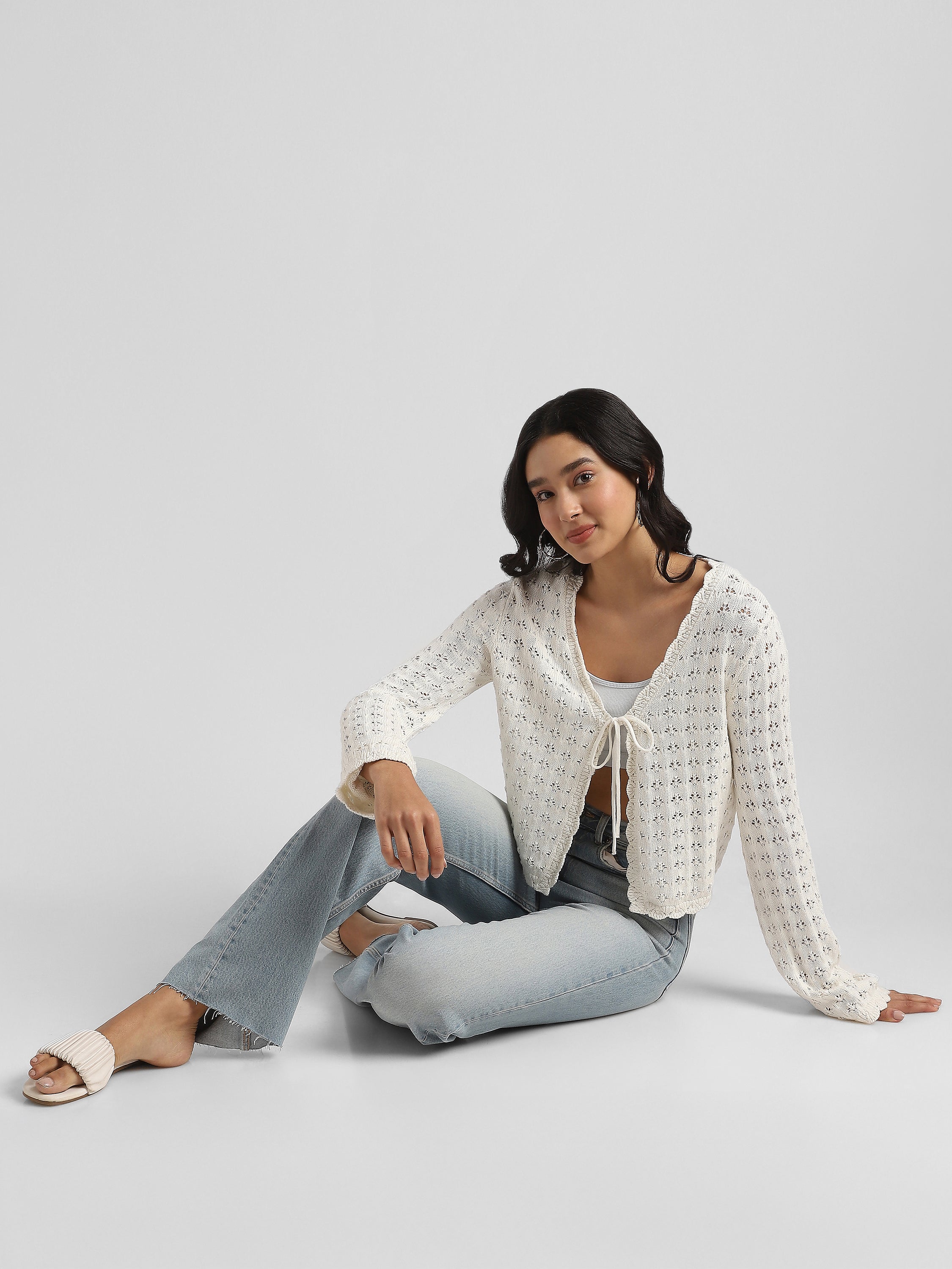 Women Cream Crochet Front open top