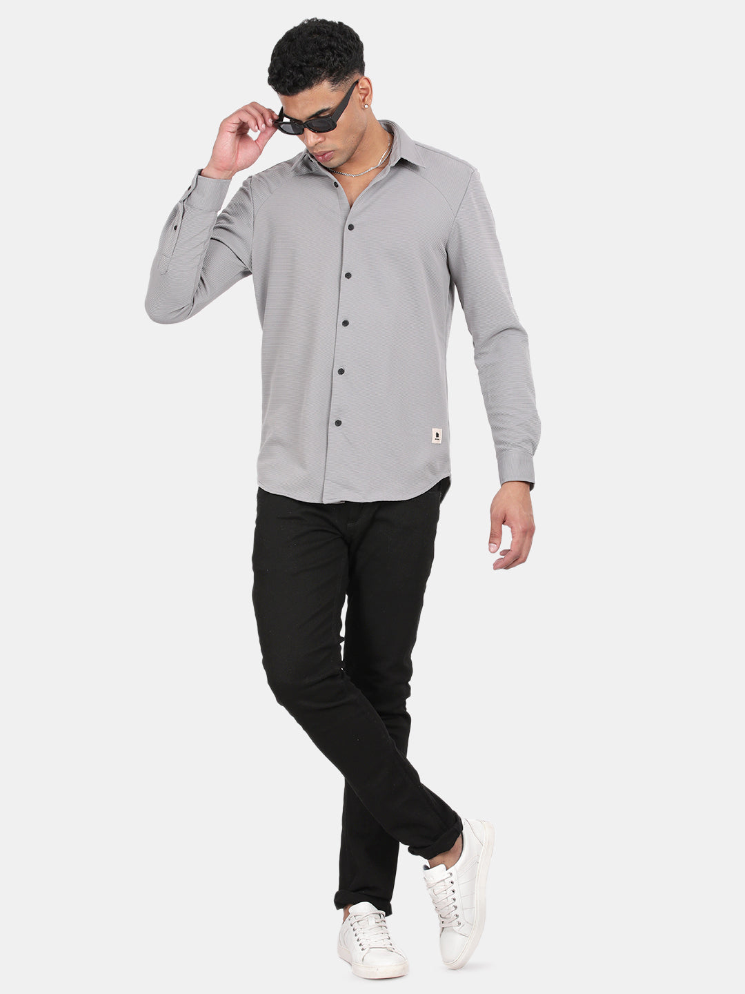 Men Silver Slim Fit Spread Collar Full Sleeve Casual Shirt