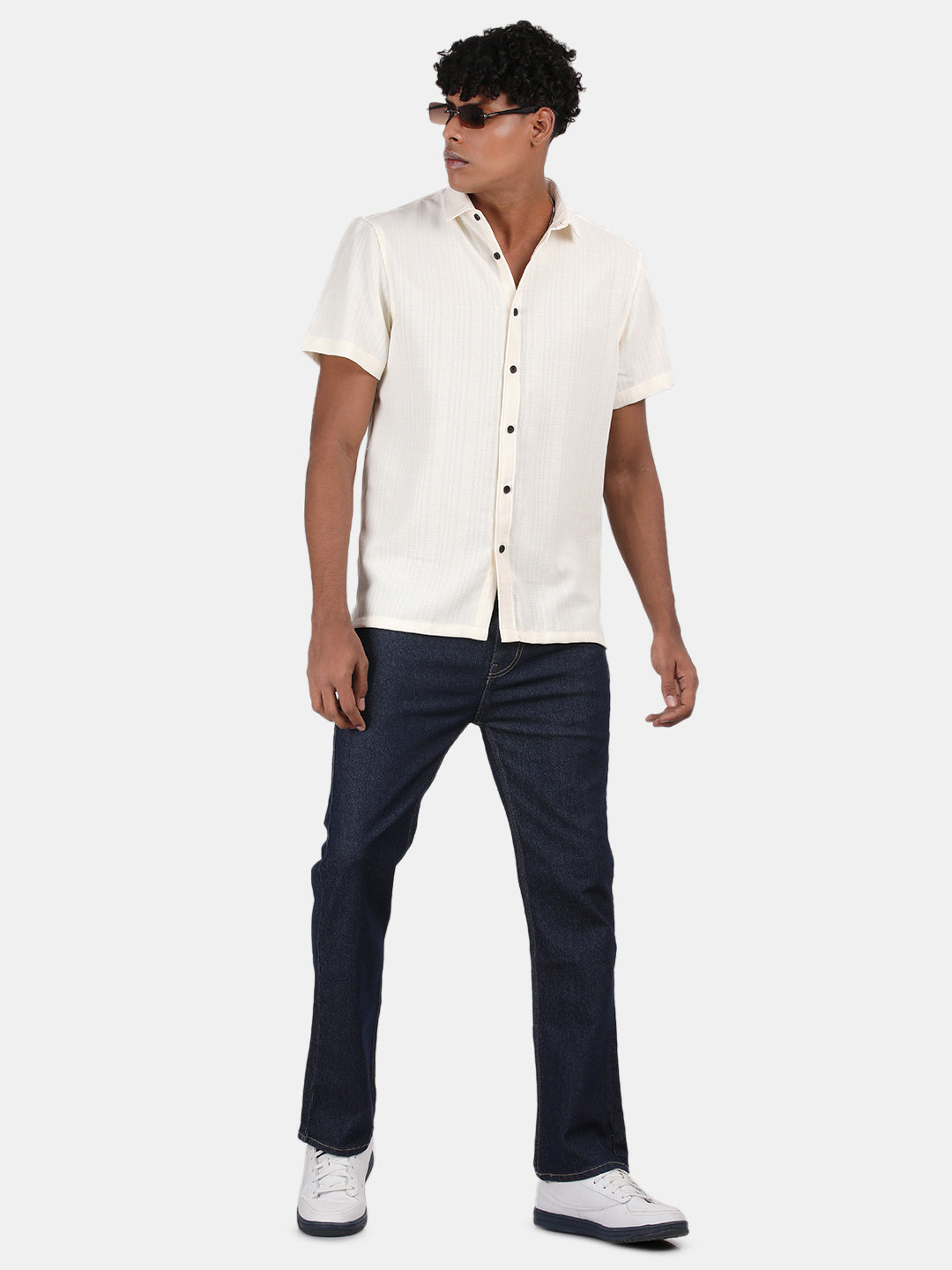 Men Cream Slim Fit Spread Collar Half Sleeve Casual Shirt