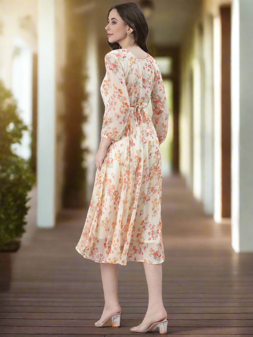 Women Cream Floral Printed Fit & Flare Dress