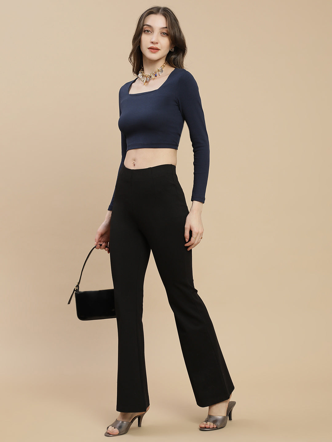 Women Navy Square Neck Rib Crop Top