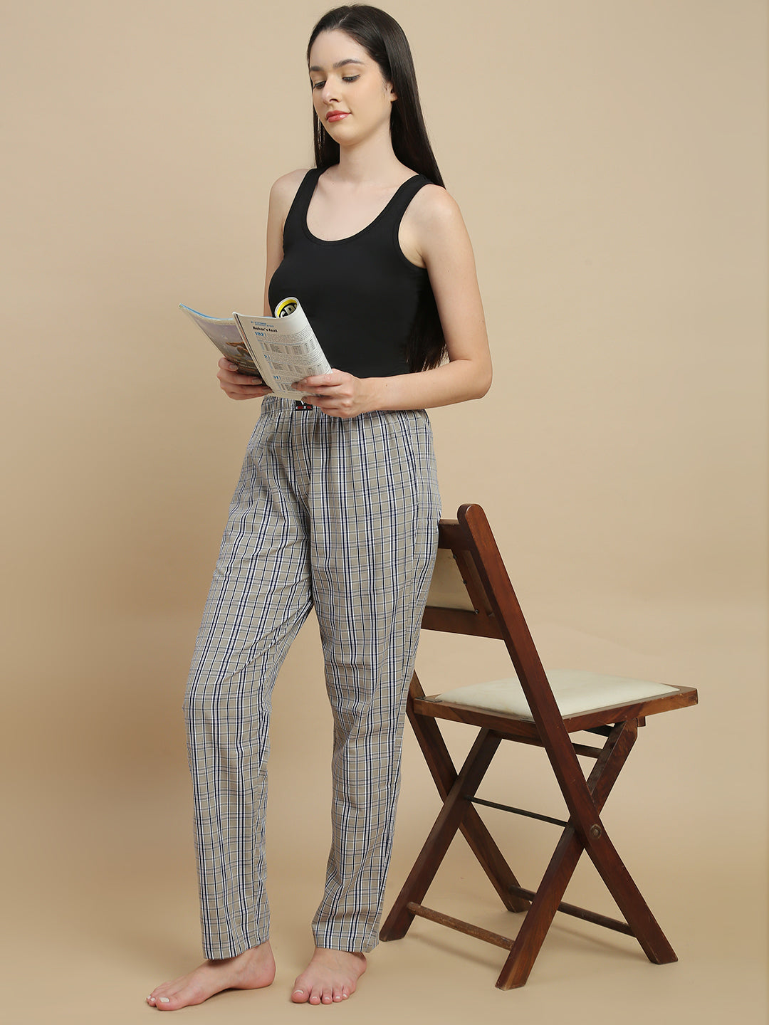 Women Taupe Checked Cotton Pyjamas
