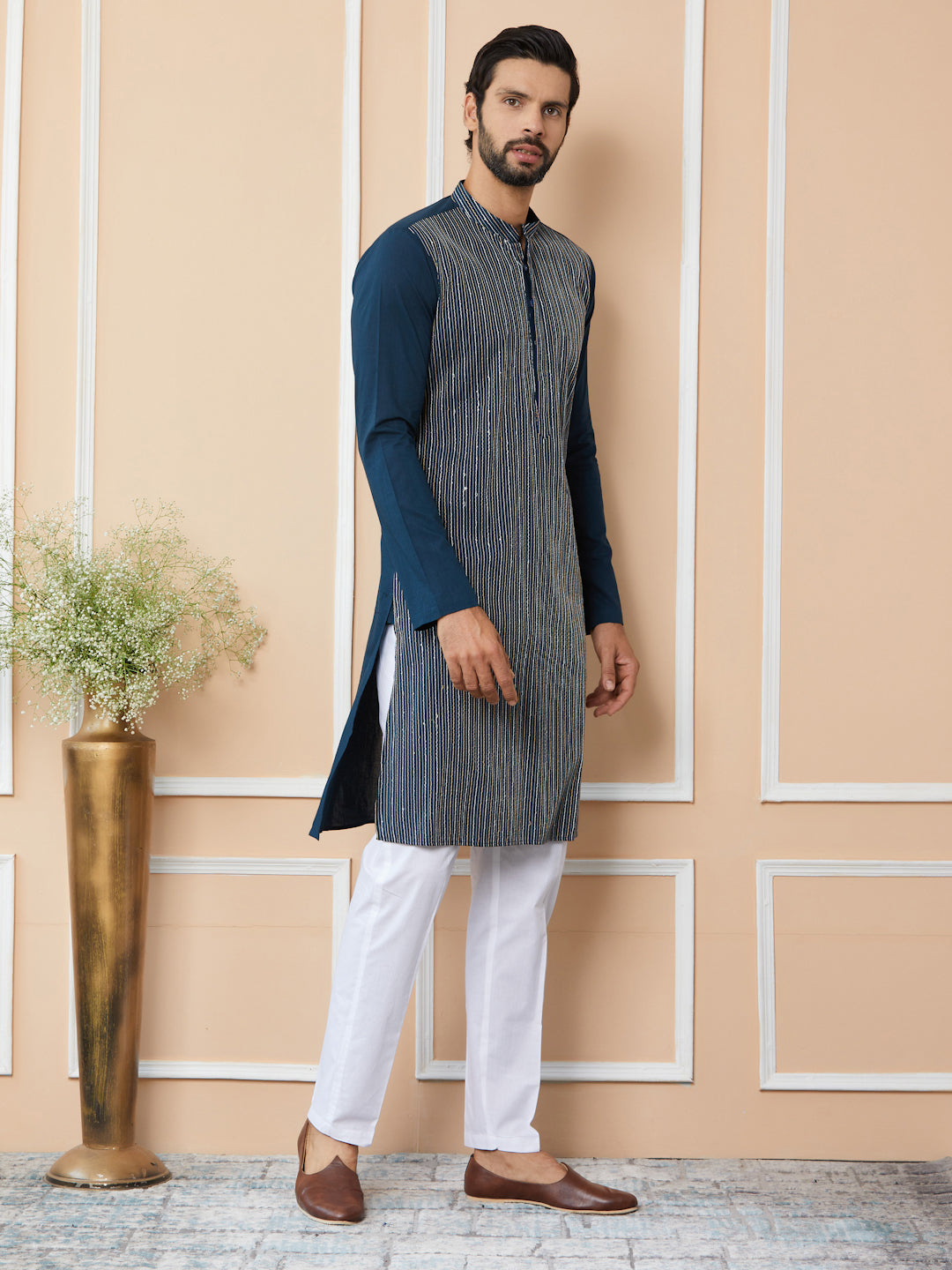 Men Dark Blue Thread & Sequin Worked Pure Cotton Straight Kurta