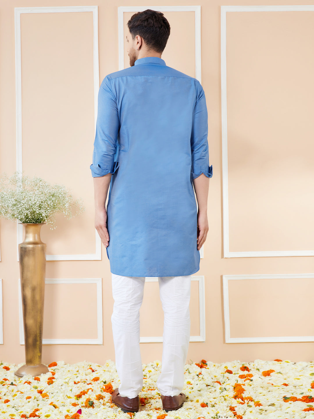 Men Blue Cotton Solid Pathani Kurta