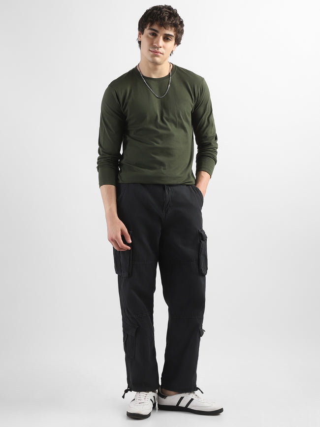 Men Black Cotton Blend Cargo Pants with 8 Pockets