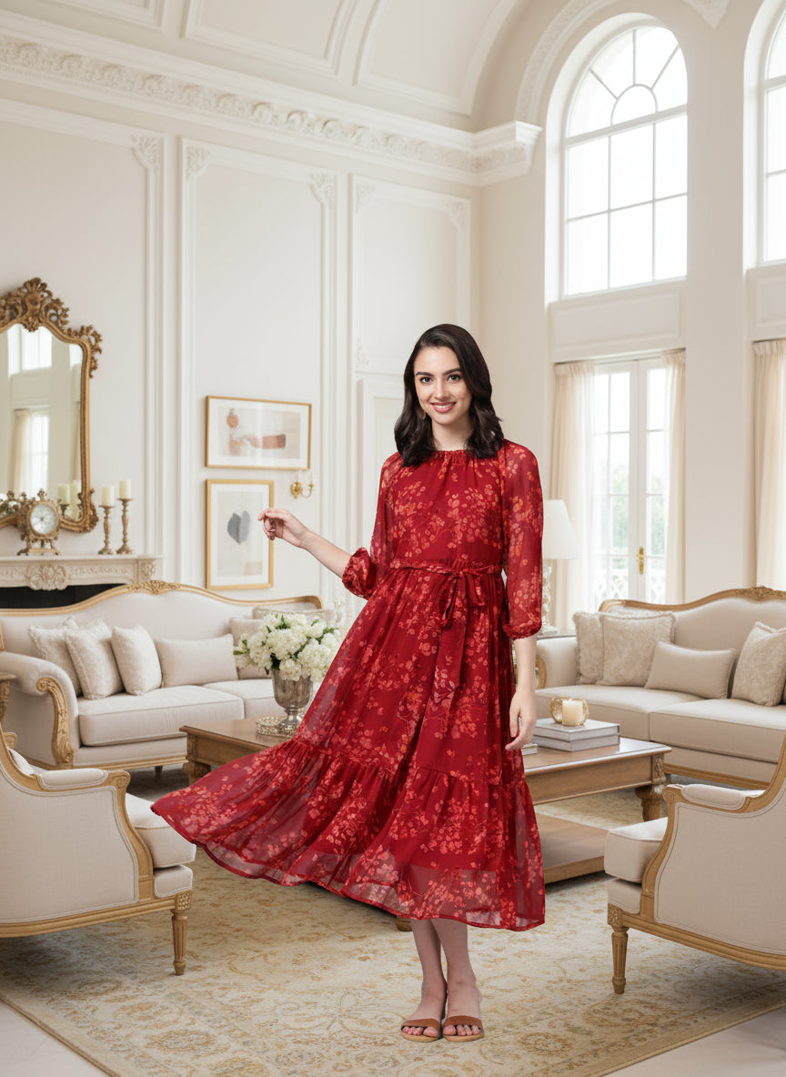 Women Bloom Maroon Chiffon Dress