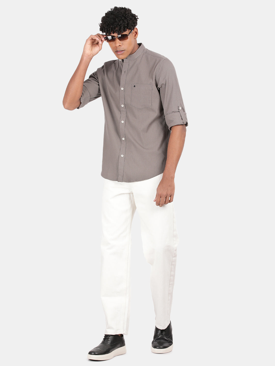 Men Dark Grey Slim Fit Mandarin Collar Full Sleeve Casual Shirt