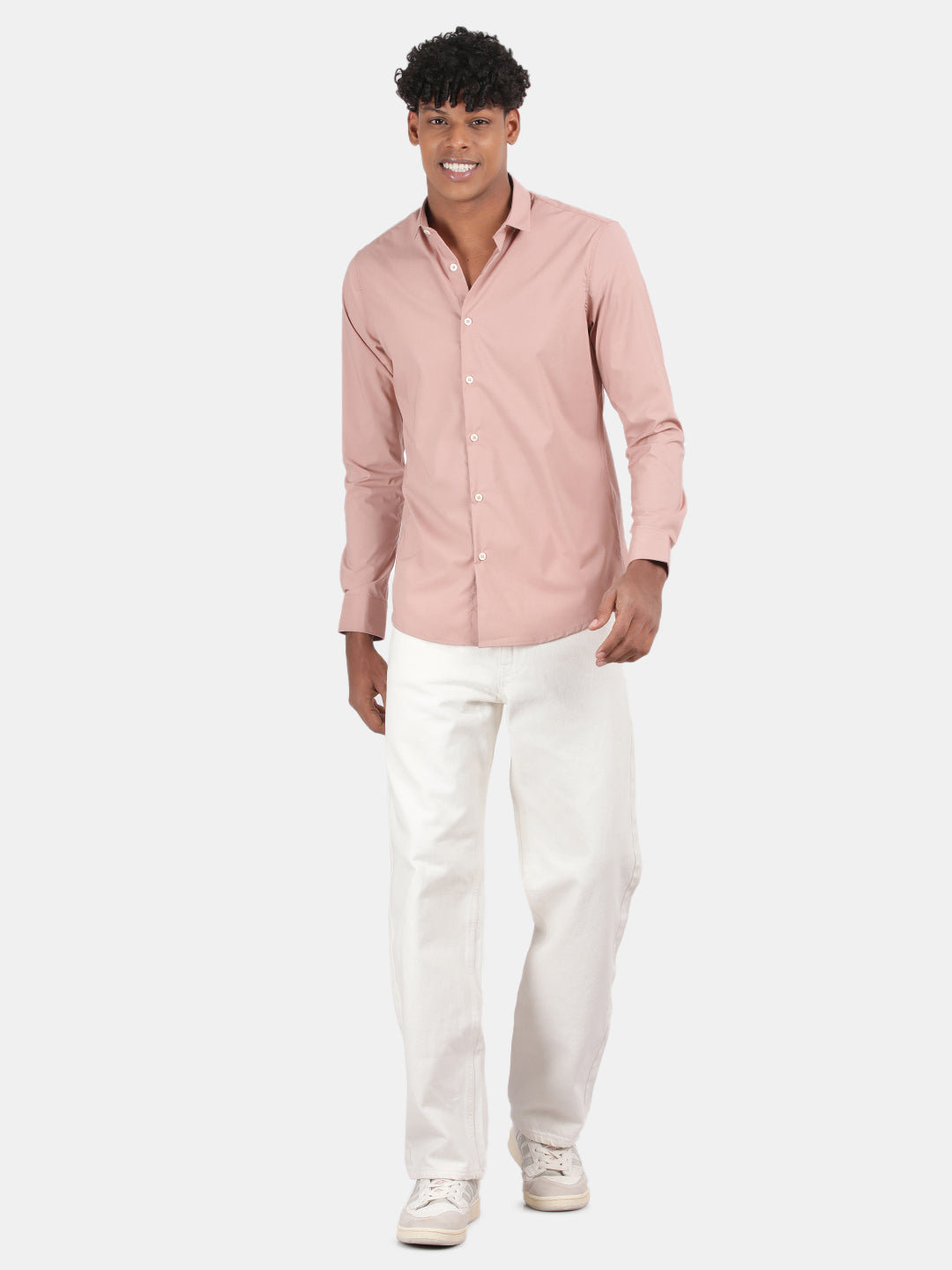 Men Beige Slim Fit Spread Collar Full Sleeve Casual Shirt