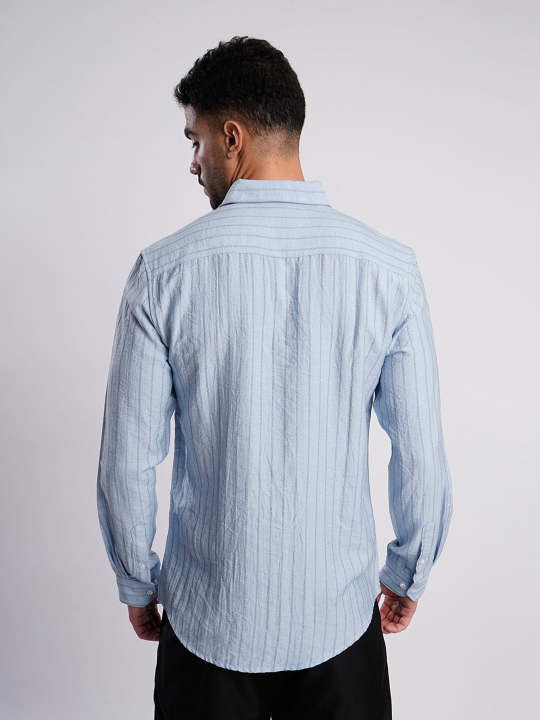 Men Blue Striped Single Pocket Shirt
