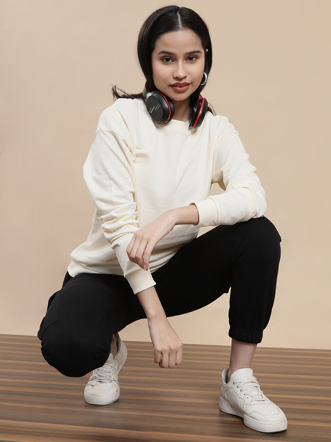 Women Cream Casual Sweatshirt