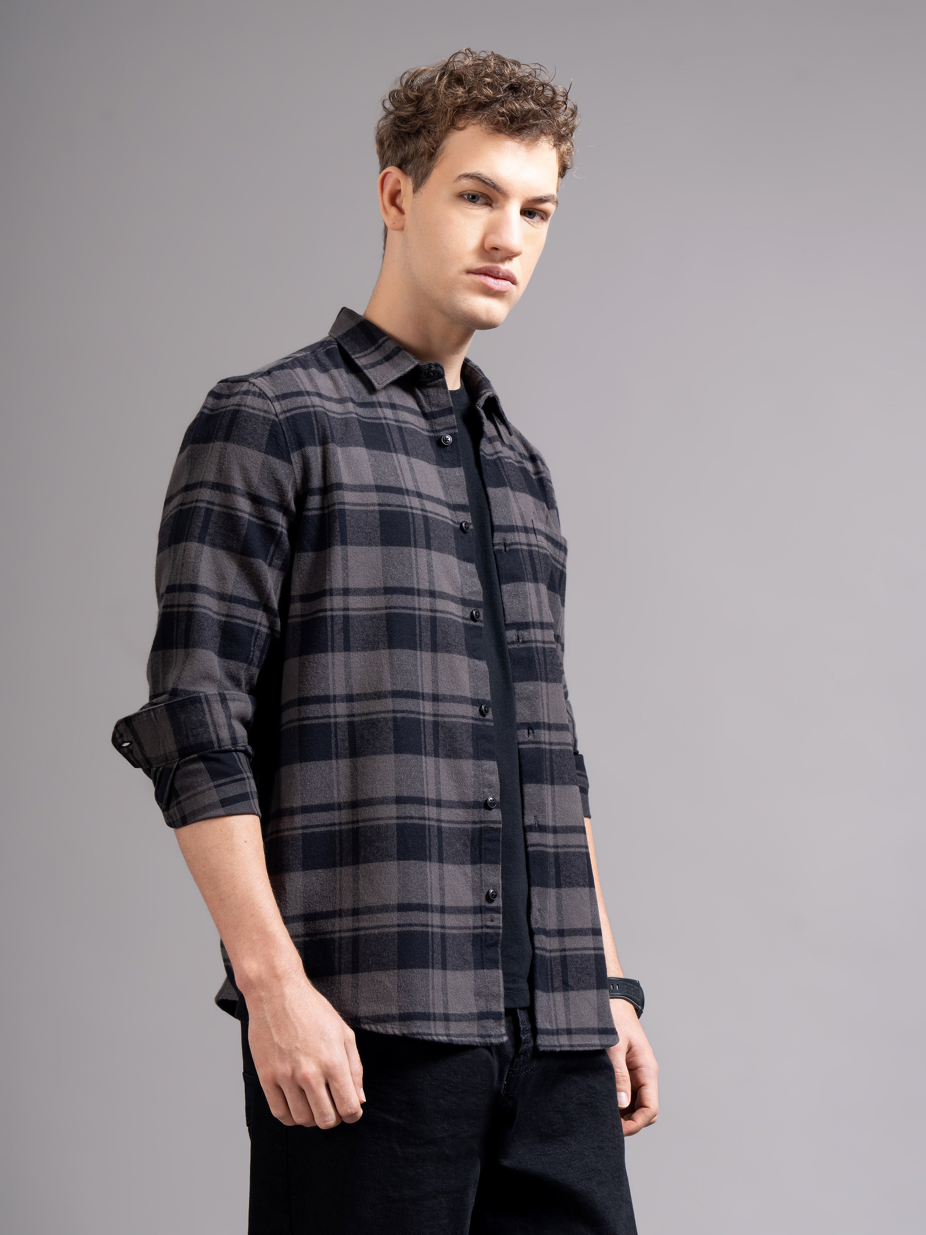 Men Grey Flannel Checked Shirt