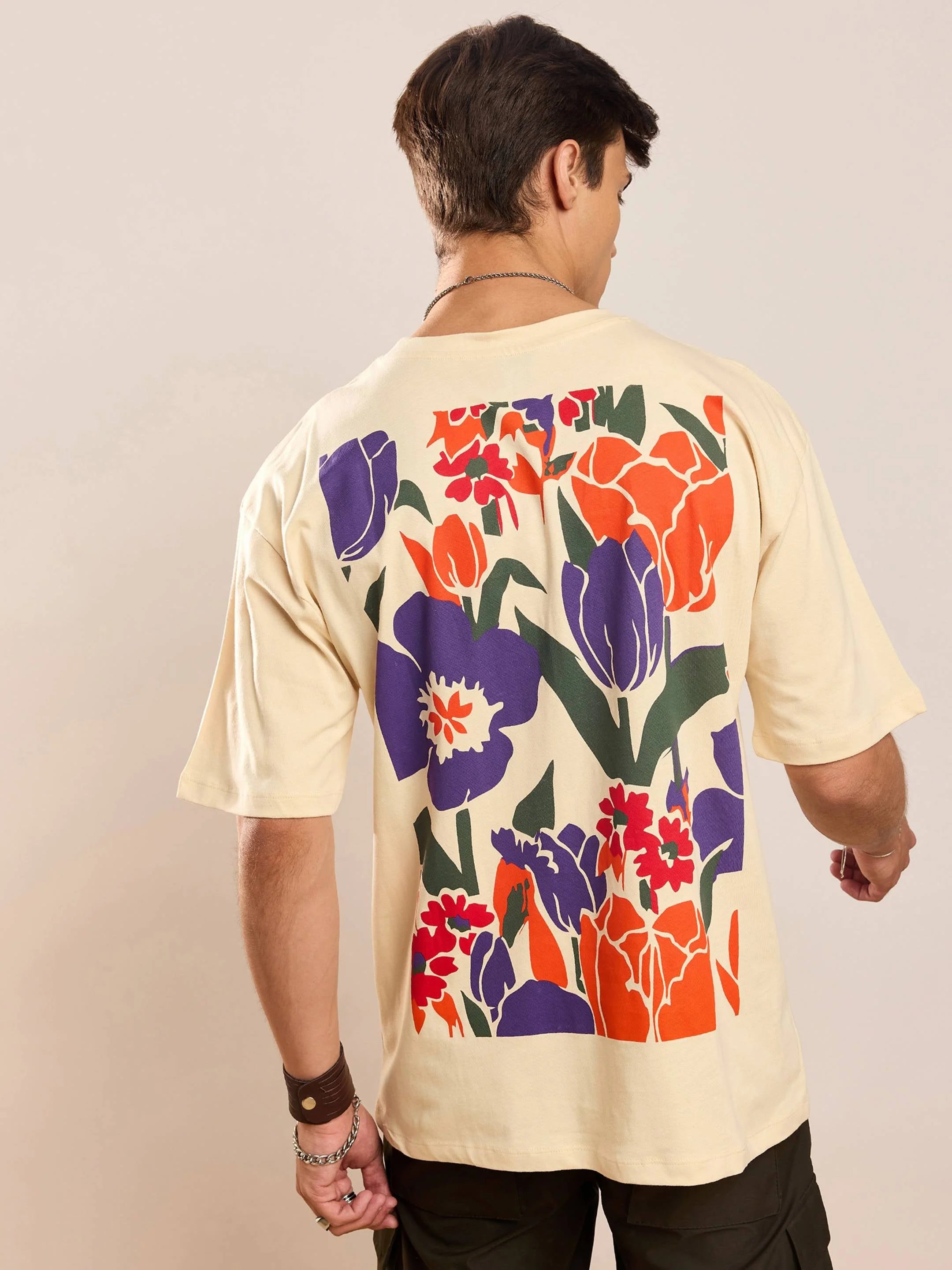 Beige Floral Back Print Oversized T-Shirt