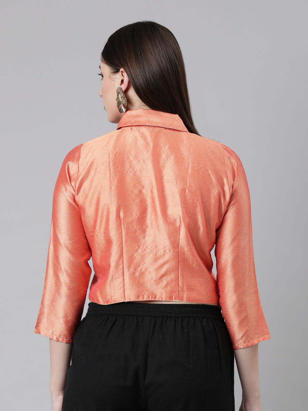 Peach Solid Three-Quarter Sleeves Mandarin Collar Dupion Silk Knot Blouse
