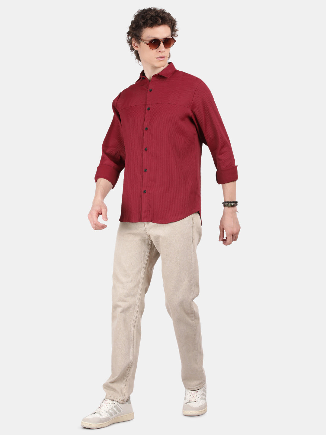 Men Maroon Slim Fit Spread Collar Full Sleeve Casual Shirt