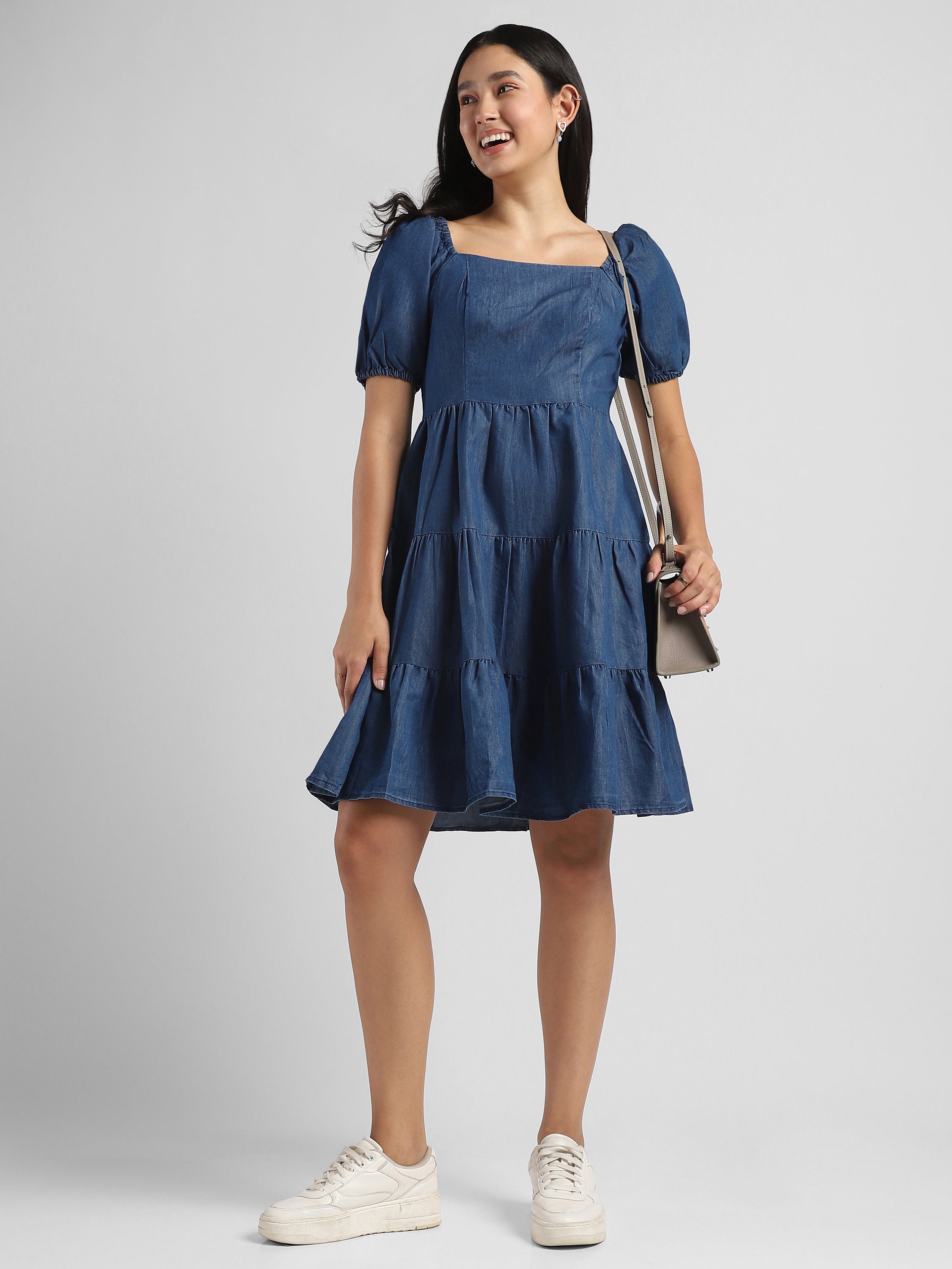 Women Blue Tier Denim Fit & Flare Dress