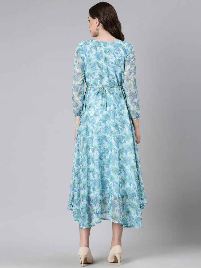 Women Blue Floral Chiffon Maxi Dress