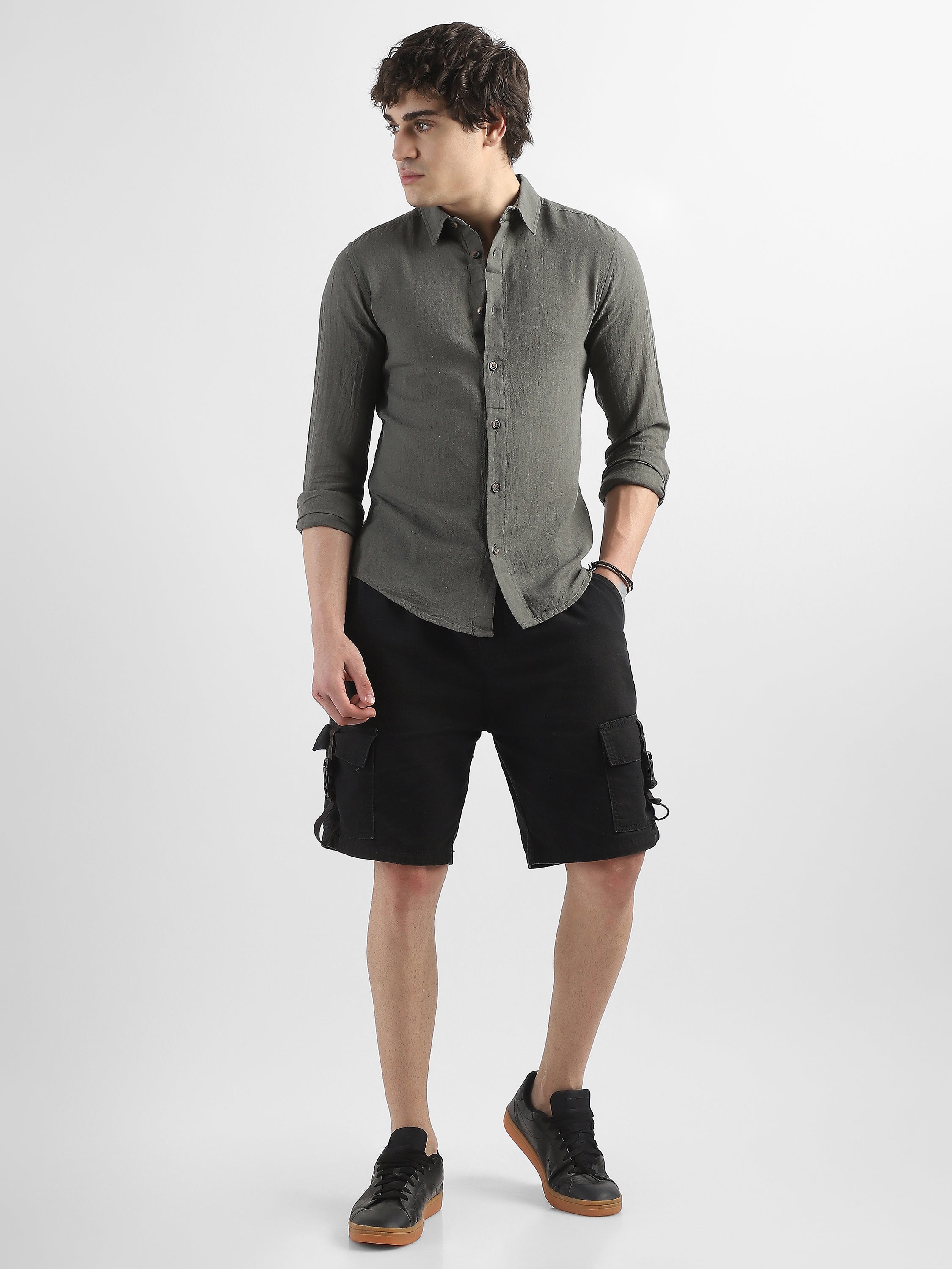 Men Olive Cotton Linen Shirt