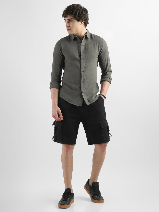 Men Olive Cotton Linen Shirt