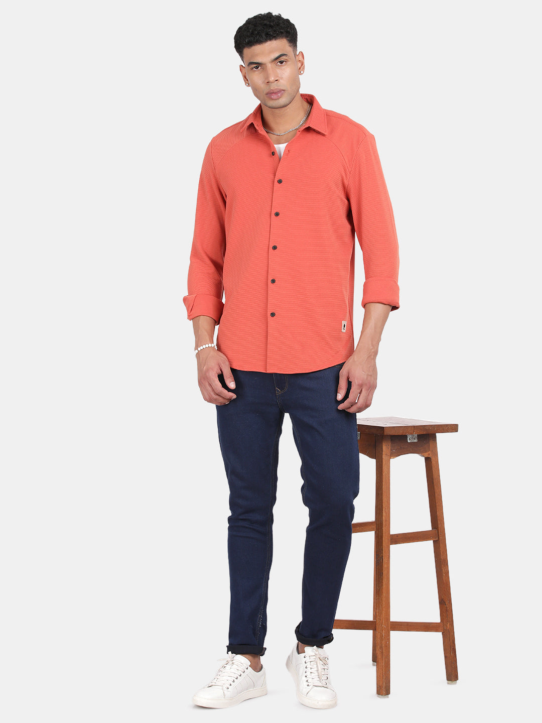 Men Peach Slim Fit Spread Collar Full Sleeve Casual Shirt