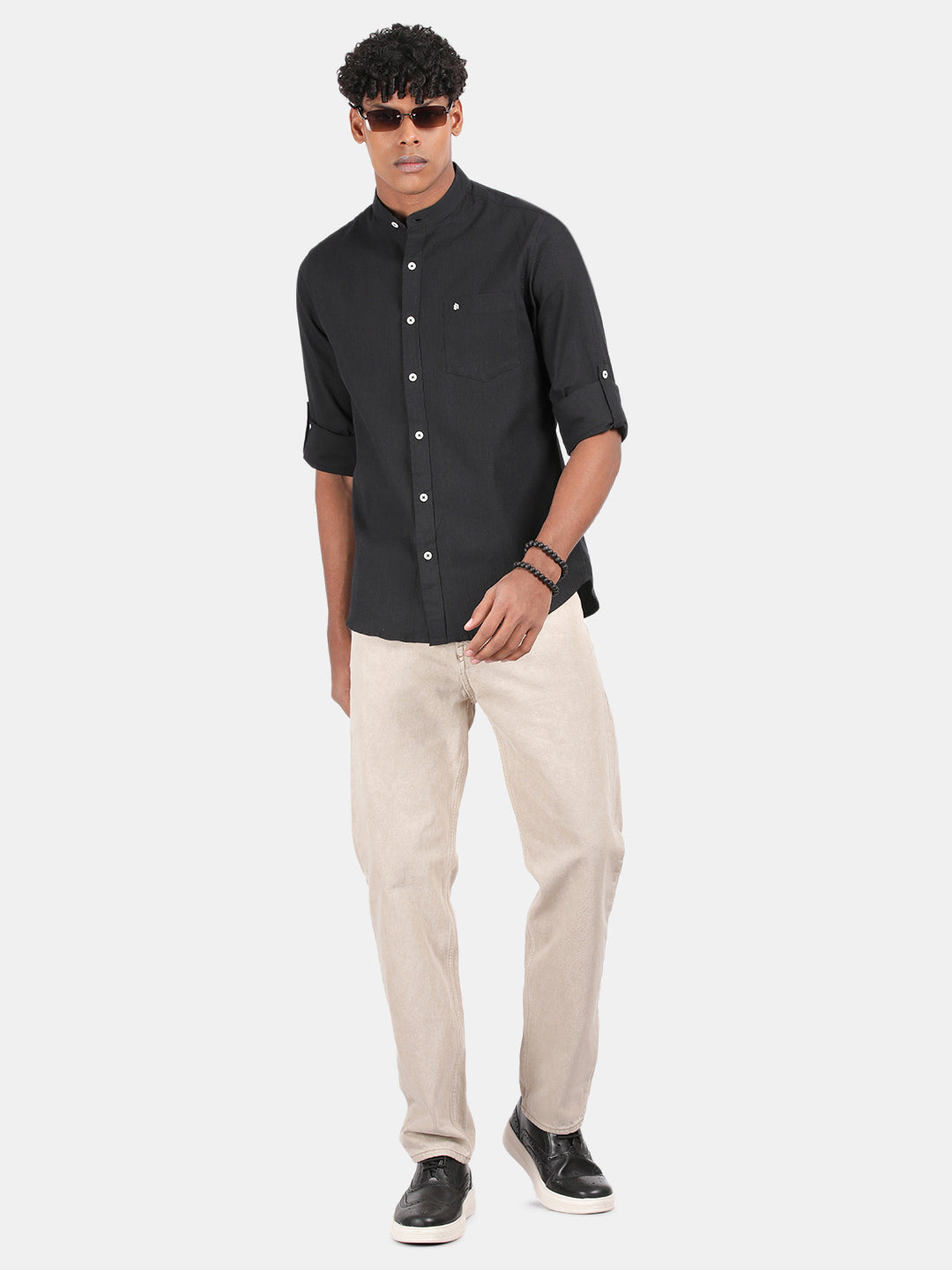 Men Charcoal Slim Fit Mandarin Collar Full Sleeve Casual Shirt