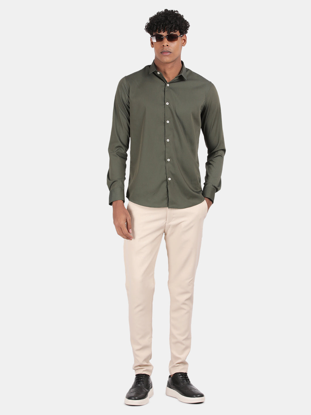 Men Green Slim Fit Spread Collar Full Sleeve Casual Shirt