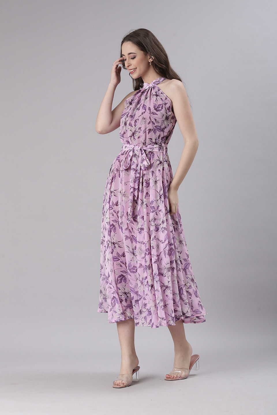 Women Lavender Floral Chiffon Dress