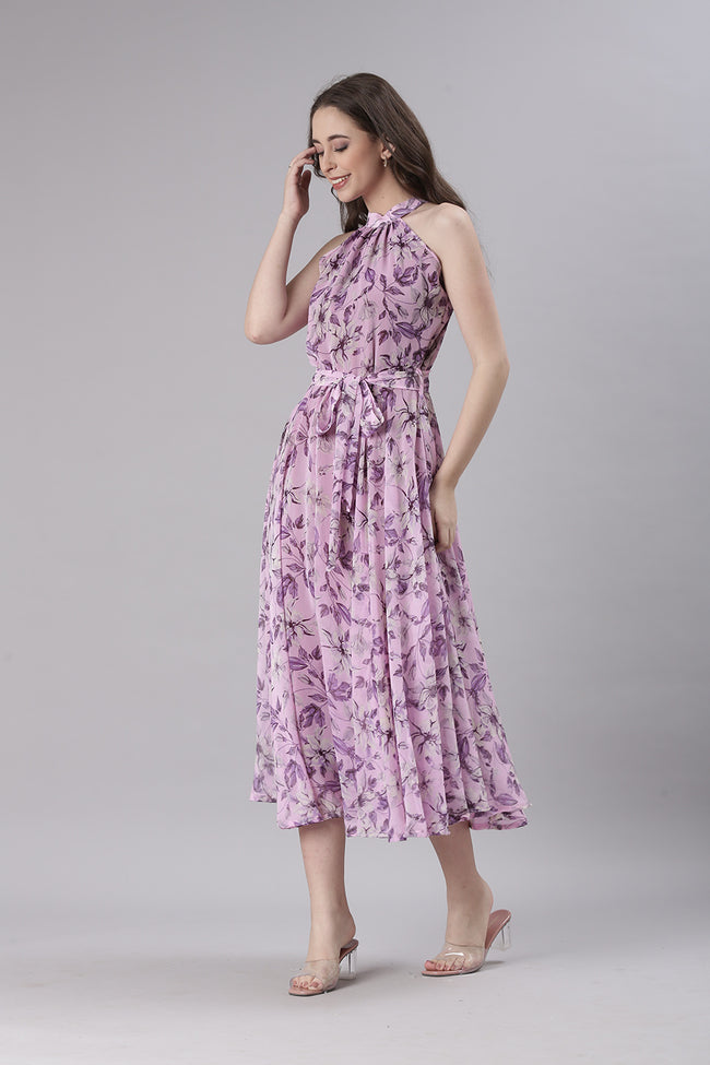 Women Lavender Floral Chiffon Dress
