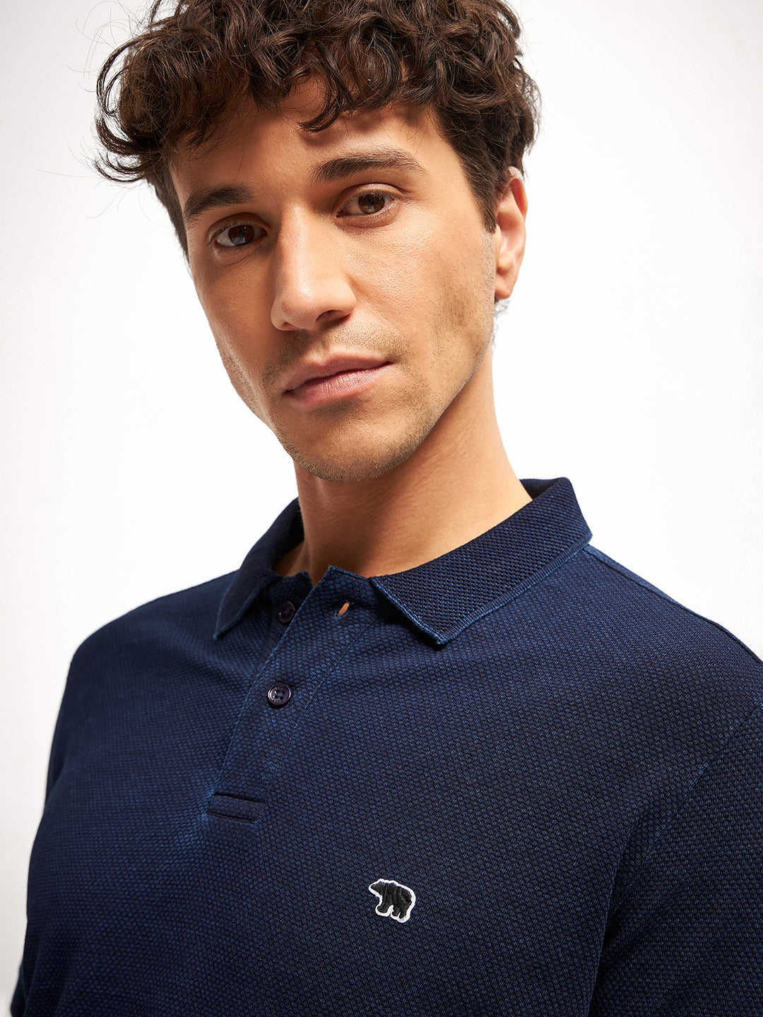 Men Blue Self Design Regular Fit Polo Collar T-shirt