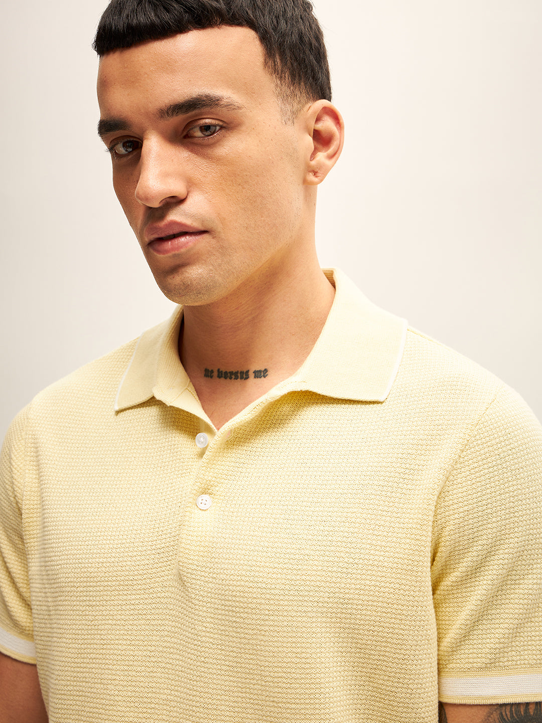 Men Yellow Self Design Regular Fit Polo T-Shirt
