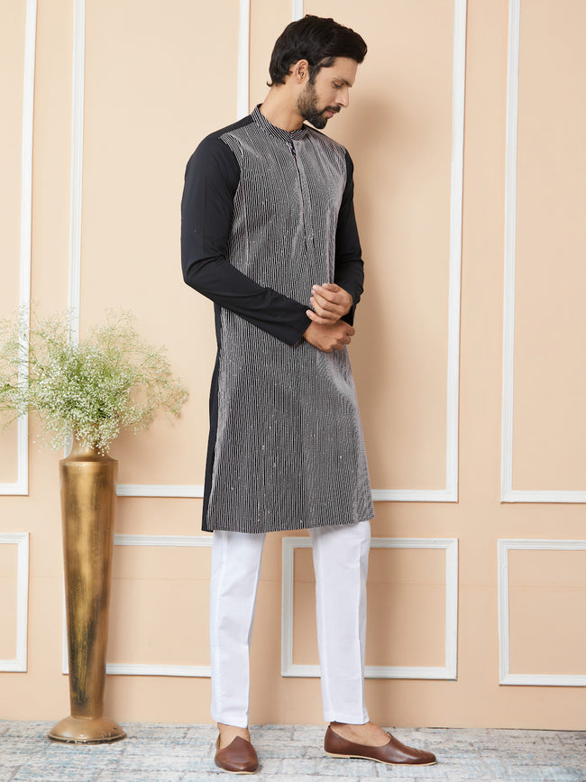 Men Black Thread & Sequin Worked Pure Cotton Straight Kurta